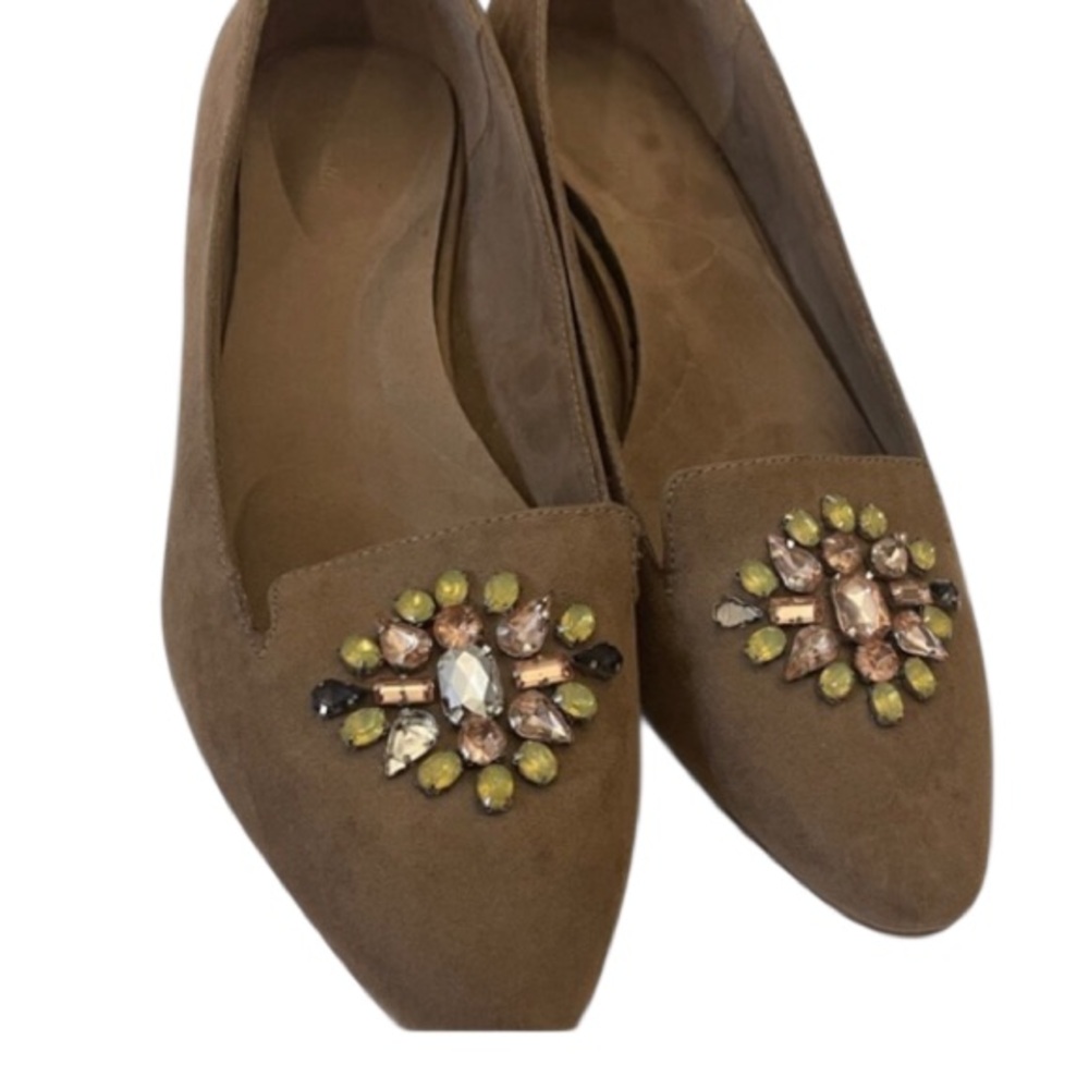 Ann Marino Tan Suede Statement Rhinestone Flats in size 9